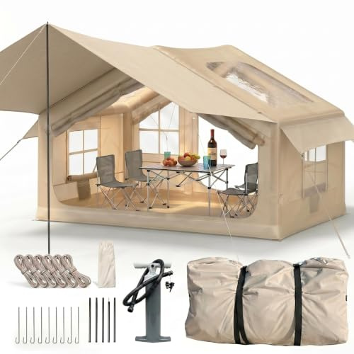 HAUSPROFI Luftzelt Aufblasbares Zelt 3-4 Personen, 6,3m² Glamping Hauszelt mit Vorzelt & Kaminöffnung, 200cm Stehhöhe, 420D Oxford Wasserdichtes Familienzelt für Camping Outdoor, Inkl. Pumpe
