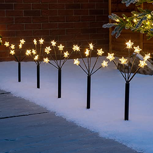 CHRISTOW Star Branch Path Lights, Outdoor Christmas Stake Pathway Decorations, Warm White LED, Battery Operated with Timer (Set of 5 x 45cm)