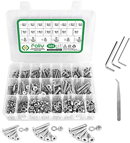 Foliv 585pcs M4 M5 M6 Hex flach-Knopf Schraube Set,304 Edelstahl Schrauben Muttern und Unterlegscheiben Sortiment Kit der mit Aufbewahrung Fall Box