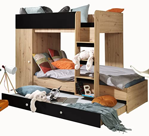 MEBLE KRYSPOL SMART 2 Hochbett für Kinder, Jugendliche mit Stauraum - Etagenbett mit Schreibtisch, Kleiderschrank, Regalen, Treppe - 254x94x165 cm - Eiche Handwerker, Schwarz mat, Weiß + Schwarz