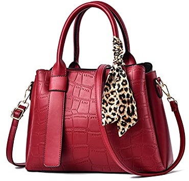 NICOLE & DORIS Damen Handtasche Leder Henkeltasche Tasche Retro Krokodilmuster Designer Schultertasche Frauen Umhängetasche Arbeitstasche Shopper Tote Bag mit Seidentuch Rotwein