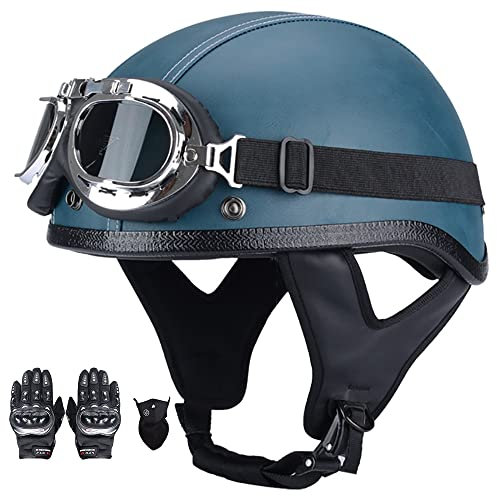 Retro Motorrad Halbhelme Sicherheitshelm für Adults Unisex mit Schutzbrille Erwachsene Halbschale Leder Jet-Helm ECE Zertifizierter für Moped Biker Cruise (57~62CM)