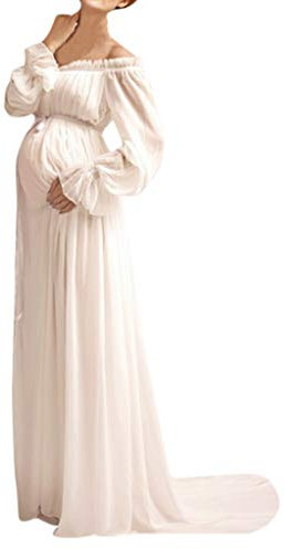 Robe de maternité de mariage à manches longues pour femme enceinte - Longue robe de maternité - Robe d'été, Blanc., Taille unique