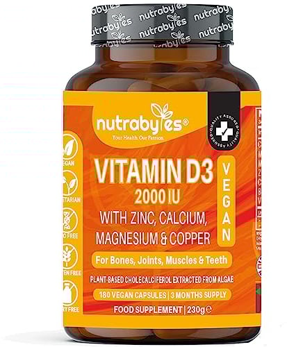 Nutrabytes Vitamin D3 2000iu, 180 Capsules | High Strength Supplement with Zinc, Calcium, Magnesium & Copper | Vegan Vitamins & Minerals to Support Bones, Muscles, Teeth, Energy & Immunity | 3 Months