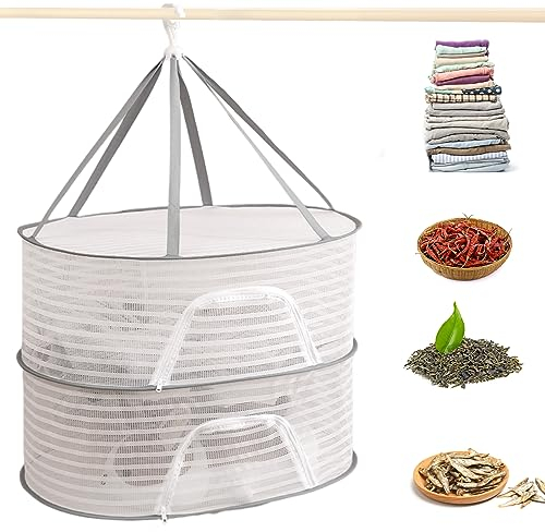 Jortmrd Trockennetz Kräuter 2-Lagiges Mesh Kräuternetz Faltbar Kräutertrockner Hängend mit ReißVerschlüssen Zipper Plant Drying Rack zum Trocknen von Blumen Zwiebeln Samen Fisch Gemüse Obst (Weiß)