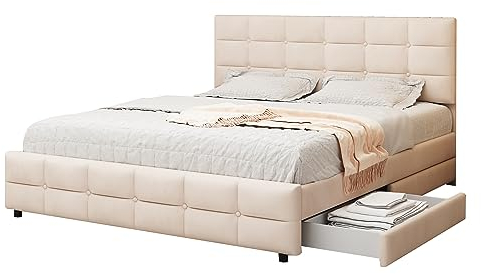 FEZTOY Doppelbett 180x200, Polsterbett mit 4 Schubladen, Lattenrost und Rückenlehne, Bett Stauraumbett Polsterbett Rückenlehne Bett, Samtstoff, ohne Matratze (Beige)