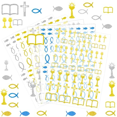 348 Stück Glitzer Fisch Aufkleber Taufe Deko Sticker Selbstklebend zum Basteln für Erstkommunion Konfirmation Kommunion