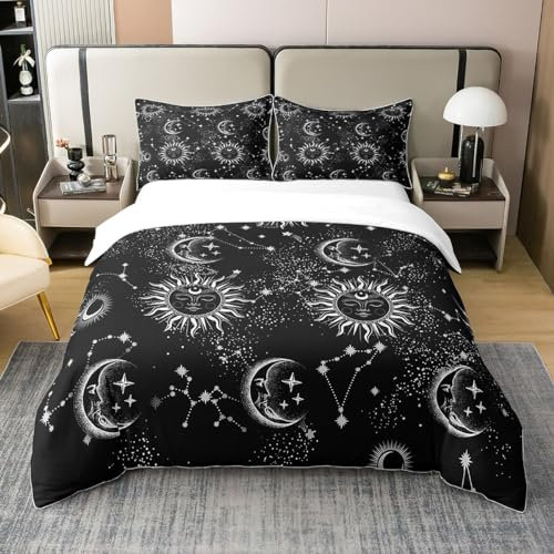 Loussiesd Sonne und Mond Bettwäsche Boho Exotisch Bettwäsche Set 135x200cm 100% Baumwolle Galaxis Astrologie Bettbezug Set für Kinder Jungen Mädchen Niedlich Konstellation Silber und Schwarz