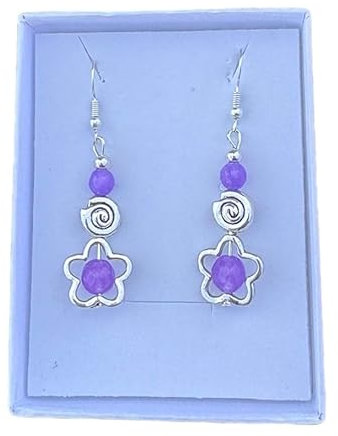 Anhur Pendientes Colgantes Flor Caracola Con Piedras Naturales Ágatas Colores Azul Cielo Verde Lila Morado Verde Naranja Rosa Azulón en Zamak Color Plata Pendientes Largos A Presión (Lila Morado)