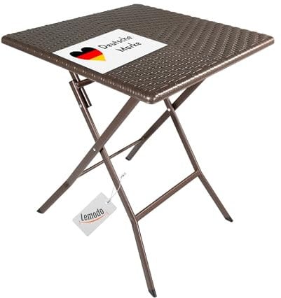 Lemodo Klapptisch mit Tischplatte in brauner Rattan-Optik, Balkontisch 62 x 62 cm (L x B) | Beistelltisch bis zu 40 kg belastbar, Gartentisch, robuster Plastiktisch