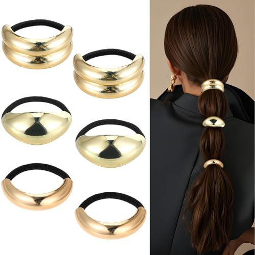 Piriuuo 6 Stück Haarmanschetten aus Metall, Pferdeschwanz Haarklammer Goldenes Haargummi Armband Haargummi Halter Mode Elastisches Damen Haar-Accessoire für Frauen und Mädchen Dickes Dünnes Lockige