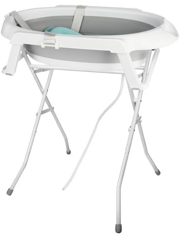 Babybadewanne mit Gestell 84.5cm, Faltbare Babybadewanne mit Badekissen, Babywanne mit Ständer und Abfluss, Ab Geburt bis 2 Jahre (Grau mit Ständer, 66 * 61 * 82cm)