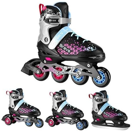 Brave 4-in-1 Inline Skates, Verstellbare Schlittschuhe für Erwachsene und Teenager, Schwarz-Pink-Blau