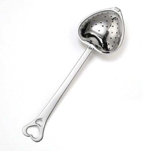 1 x Silber-Teesieb für losen Tee, Tee-Ei, herzförmiges Teefilter-Set, langer Löffel, Küchenbecher, Diffusor mit Griff, Filter, Küchenlöffel