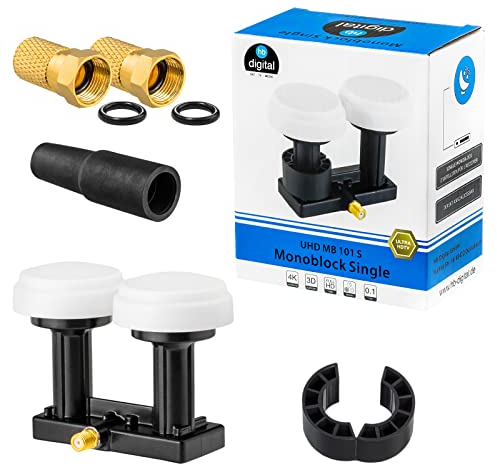 hb-digital UHD Monoblock Single LNB LNC 1 Teilnehmer Direkt - 2 Satelliten Astra 19,2 Hotbird 13 Full HD TV 3D Ultra UHD 4K Schwarz Black + 2X 8,2mm F-Stecker vergoldet + 1x Gummitülle