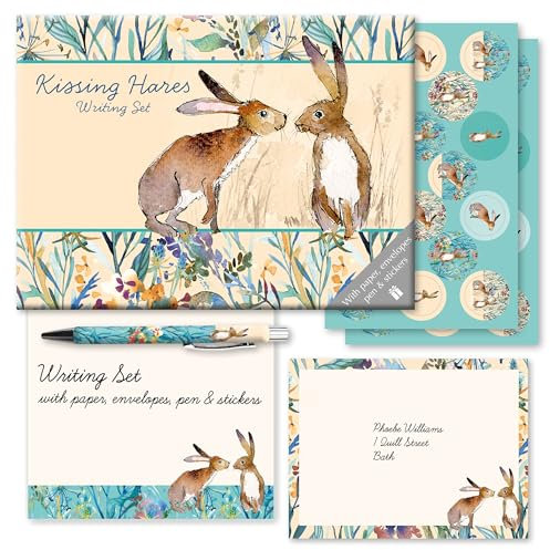 TGSC | Kissing Hares Gifted Stationery Letter Writing Sets | Ballpoint Pen with 32 x A5 Letter Paper Sheets & 16 x envelopes | Writing paper & envelopes | Letter Writing Set & 2 sheets of letter seals