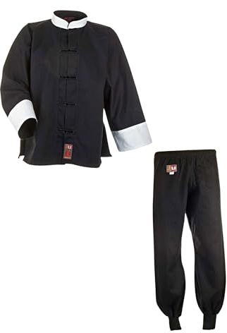 Ju-Sports Kung Fu Anzug Schwarz/Weiß, Cotton 140 I Solider Kampfanzug im klassischen Schnitt I Mit Kordelknöpfen & Bündchenhose mit Elasikbund I 100% Baumwolle