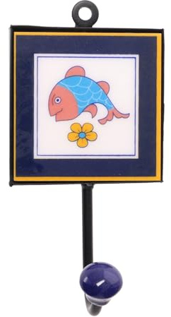 Wandhaken, Garderobenhaken mit handgefertigter Fliese, 8x8 cm, Modell 6 | Keramik und Metall, handbemalt, indischer Charme, vielseitig einsetzbar, ideal für Flur und Wohnzimmer