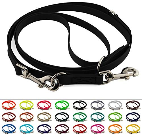 Mehrfach verstellbare BioThane Führleine, 19mm breit, 4m lang, Schwarz, genäht, Doppelleine