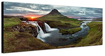 Keilrahmenbild Wandbild 150x50cm Island Landschaft Berge Wasser Abendlicht