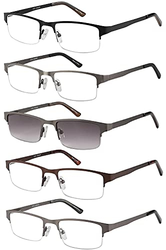 EYECEDAR 5 Stuks Lesebrille Herren Halber Rahmen Rechteck Edelstahl Material Metall Federscharniere Enthalten Sonne Lesebrille 1.50