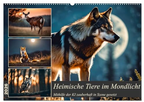 Heimische Tiere im Mondlicht (Wandkalender 2026 DIN A2 quer), CALVENDO Monatskalender: Wolf, Adler und Co. von der KI in Szene gesetzt (CALVENDO Tiere)