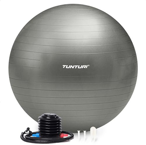 Tunturi Anti Burst Fitnessball mit Pumpe - Yoga-Ball 75 cm - Pilates-Ball - Schwangerschaftsball – 220 kg Benutzergewicht - Inklusive Trainings-App – Silber