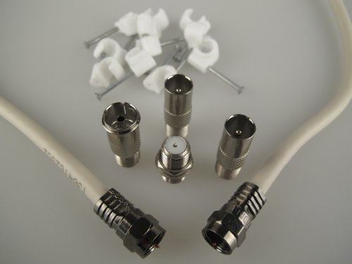 The One Stop Sat Shop ® 10m white universal satellite & aerial cable & extension kit with satellite & coax adaptors and cable clips