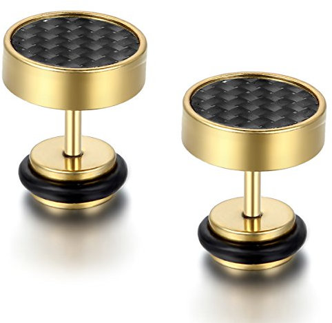Flongo Damen Knopf Ohrringe Männer Ohrstecker, Harz Gestüt Stecker Kohlenstoff Carbon Fiber Kohlefaser Herren Ohrringe Ohrstecker Ohrhänger Schwarz Gold Silber Taper Fake Plug Tunnel aus Edelstahl