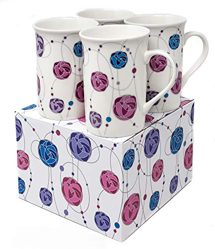 Giftboxed Set of 4 Matching China Mugs with Rennie Mackintosh Rose Inspired Design - by Yorkshire Giftware Limited