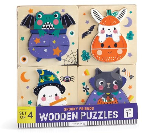 Mudpuppy Halloween – Set Of 4 Wooden 4 Piece Puzzles Featuring A Colorful Halloween Scene With Adorable Characters