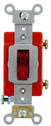 Leviton Extra Heavy Duty Grade, Self Grounding, 20 Amp, 120 Volt, Single-Pole AC Illuminated Toggle Switch, 1221-LHR, Red