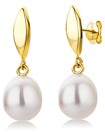 Miore Damen Ohrstecker 9 Karat – Elegante Perlen Ohrringe aus 375 Gelbgold mit weißer Süßwasserzuchtperle – Ohrringe hängend 8 x 24 mm