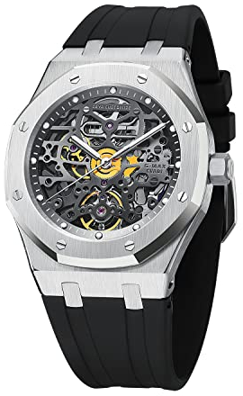 Redhai Automatische mechanische Uhr Skelett Edelstahl 50M Wasserdicht Anti Shock Casual Taucher Herren Armbanduhr Sterling Uhren Chronograph Analog Business Casual Mode Verstellbares Silikonband,