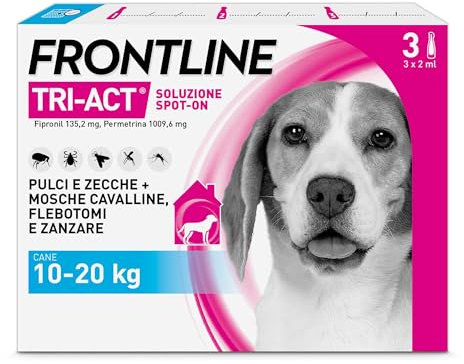 FRONTLINE Triact, 3 Pipette, Cane M (10-20Kg), Antiparassitario per Cani e Cuccioli di Lunga Durata, Protegge il Cane da Pulci, Zecche, Zanzare, Pappataci e Leishmaniosi, Antipulci 3 Pipette