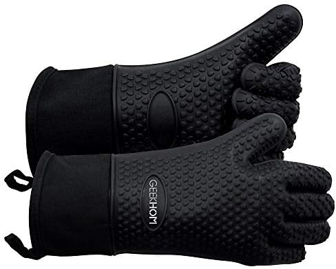GEEKHOM Silicone Oven Gloves Heat Resistant Silicone Oven Mitts BBQ Gloves Waterproof Kitchen Gloves for Barbecue Grilling Weber Microwave, Non-Slip Oven Gloves with Fingers, Black
