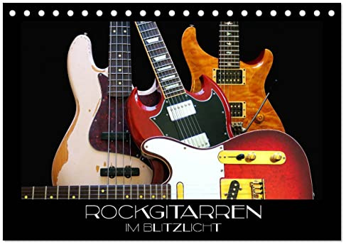 Rockgitarren im Blitzlicht (Tischkalender 2026 DIN A5 quer), CALVENDO Monatskalender: Gitarrenschönheiten auf schwarzem Hintergrund eindrucksvoll in Szene gesetzt (CALVENDO Kunst)