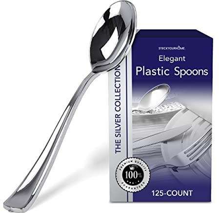 Stock Your Home 125 Disposable Heavy Duty Plastic Spoons, Fancy Plastic Silverware Looks Like Real Cutlery - Utensils Perfect for Catering Events, Restaurants, Parties and Weddings (Silver)