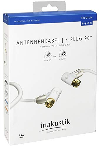 inakustik – 004264075 – Premium F-Plug Antennenkabel | Für die Anforderungen bei hochauflösenden Fernsehformaten (HDTV) entwickelt |7,50m in Weiß | 100 dB - 90°-Steckern für platzsparenden Anschluss