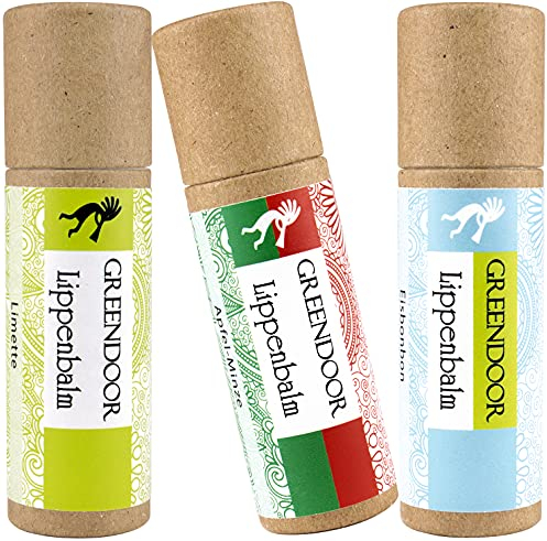 GREENDOOR Lippenpflege-Set FRESH, Apfel Minze, Limette, Eisbonbon - 3 aufregend pflegende natürliche plastikfreie Lippenbalsam, Lippenpflegestifte, Sparpreis, Naturkosmetik Lip-Balm mit Bio Jojoba