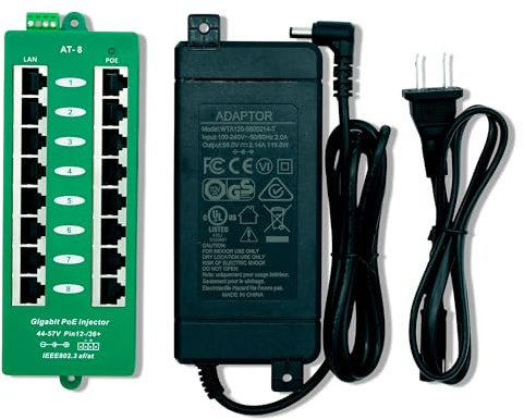 Gigabit PoE Injector - PoE World GAT-8-56V120W Power Over Ethernet 8 Port for PoE Switch Auto-Negotiation Injector for IP Camera/VoIP Phone/WiFi Access Point with 802.3at/af, with 56-Volt Power Supply