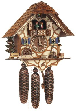 Anton Schneider Kuckucksuhr Schwarzwaldhaus mit beweglichem Holzhacker und Mühlrad