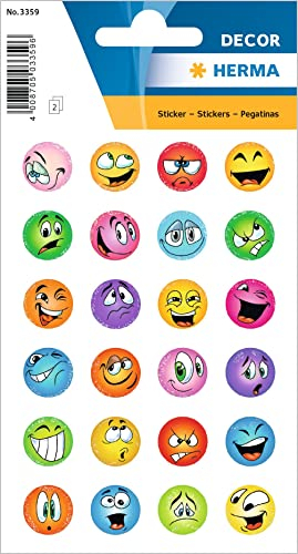 HERMA 3359 Aufkleber Smiley Glitzer klein groß, 48 Stück, Belohnung Sticker mit lustigen Emoji Gesicht Motiv, Kinder Etiketten für Schule Grundschule Schüler Tagebuch Scrapbooking Geburtstag Deko DIY