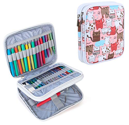 Teamoy Organiser Case for Interchangeable Circular Knitting Needles, Crochet Hooks and Knitting Accessories, Keep All in One Place and Easy to Carry, Cats Pink (No Accessories Included)