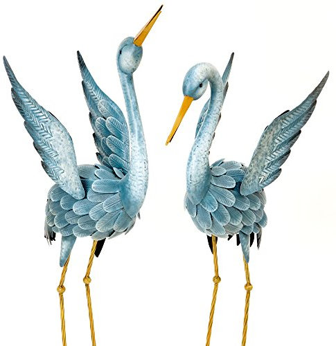 Bits and Pieces - Japanese Blue Heron Metal Garden Sculpture Set - Two Metal Cranes Perfect for Garden Décor - Metal Garden Art, Outdoor Lawn and Patio Décor, Backyard Sculpture, and Decoration.