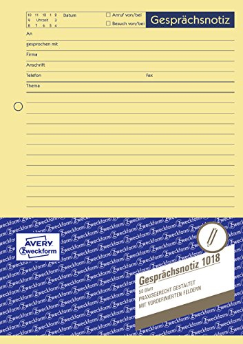 AVERY Zweckform 1018 Gesprächsnotiz (A5, Abreißblock, oben verleimt, 50 Blatt) gelb