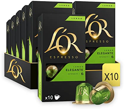 L'OR - Café Espresso - Lungo Elegante - Intensité 6 - Saveur Baies Noires - 10 lots de 10 capsules aluminium