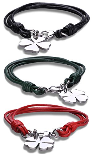 Yumilok Armband für Damen Herren mit Kleeblatt Anhänger Charm-Armbänder Freundschaft Armreifen Strangarmbänder Armschmuck, 3 Stücke(Schwarz, Rot, Grün) Leder Edelstahl