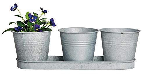 Esschert Design Blumentopf, Übertopf 3er-Set aus verzinktem Metall auf einem Tablett in grau, ca. 33 cm x 11 cm x 11 cm