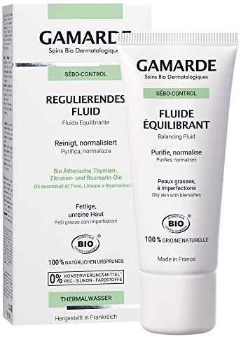 GAMARDE Bio-Kosmetik: Regulierendes Fluid bei fettiger, unreiner Haut & Mischhaut I Veganes Feuchtigkeitsfluid gegen Unreinheiten mit ätherischen Ölen I Reinigungs-Gel gegen Mitesser & Pickel I 40 ml